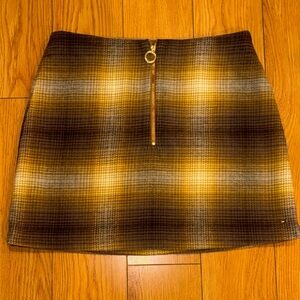 Tommy Hilfiger Brown Plaid Mini Skirt with Gold Accent